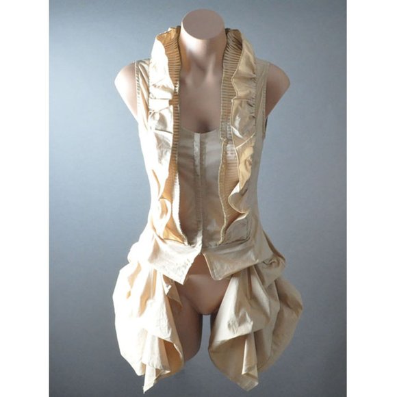 Khaki Beige Steampunk Gothic Tailcoat Evening Ruffle Top Womens Sleeveless Shirt - Picture 2 of 10